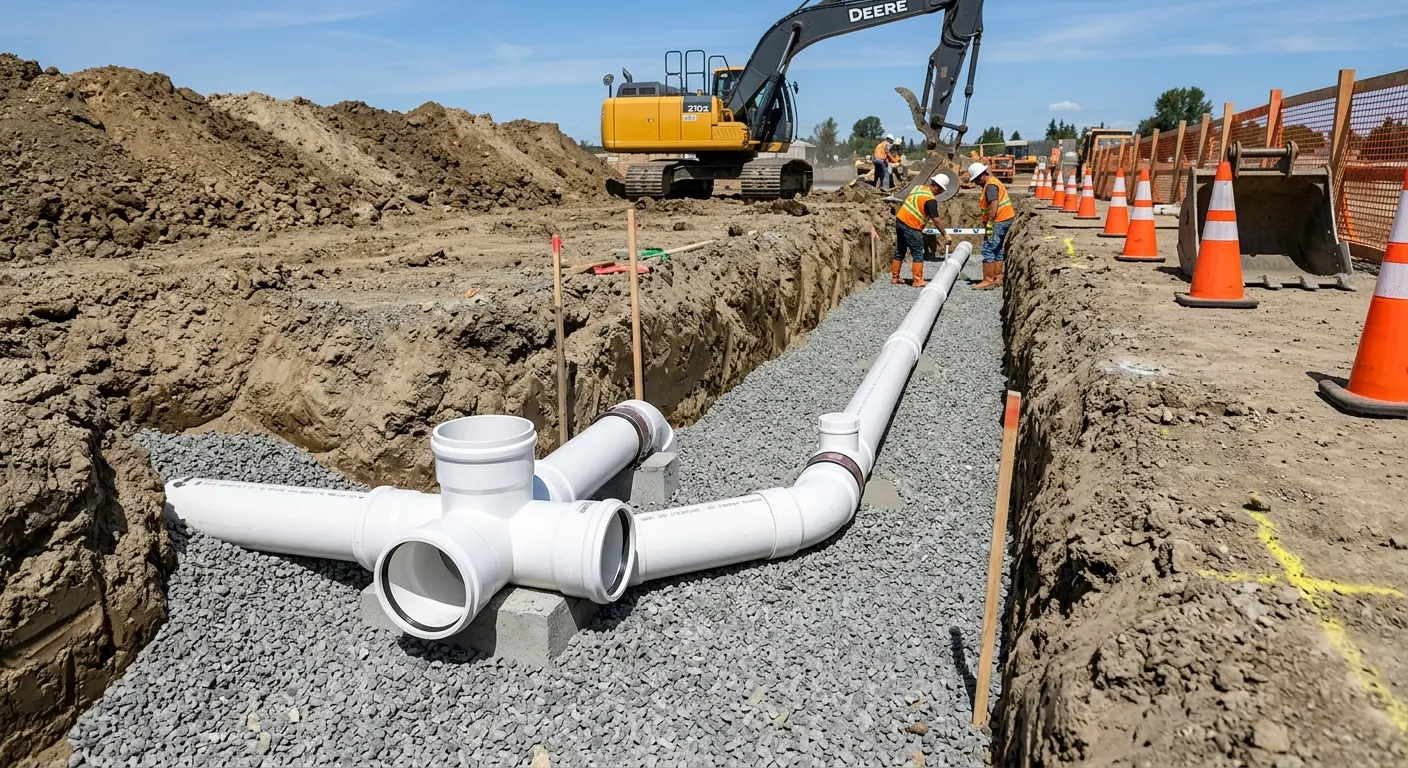 New PVC sewer pipe installation in open trench for Sewer Backup in Redland